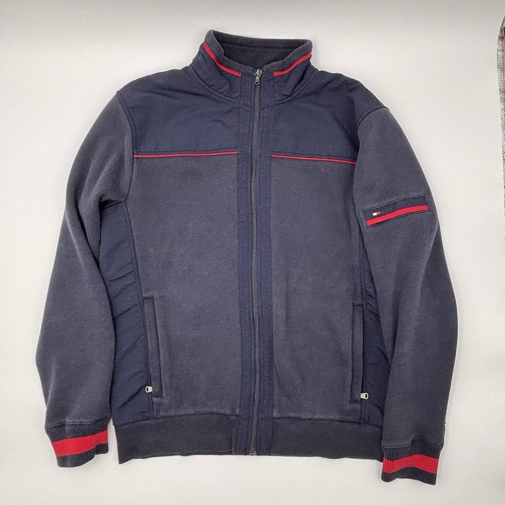 Tommy Hilfiger Full Zip Fleece Jacket Mens L Navy Red Mixed Media Track Mock